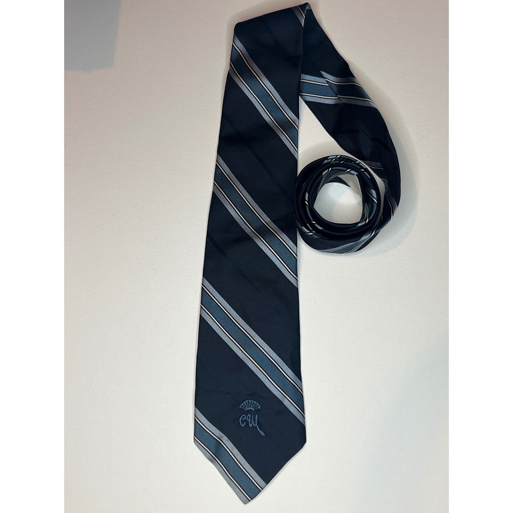 Vtg Countess Mara Men's Silk Tie Navy Blue Silver Regimental Stripe Clarke's OK